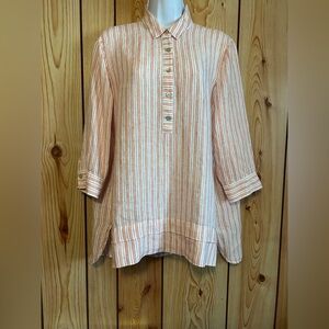 J.Jill Love Linen Tunic Top M Caramel White Vertical Stripes Hi-Lo 3/4 Sleeves